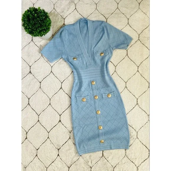 DAIMARAN Tokyo Women's Dress Bodycon Light Blue Short Sleeve With Buttons S - Picture 2 of 5